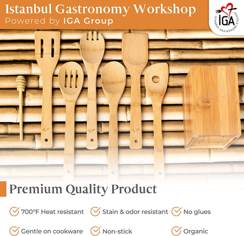 IGA - Organic Bamboo Cooking Utensils Set Spoons, Spatulas With Holder For High Heat Resistant In Nonstick Pots, Pans & Cast Irons Skillets (8-Piece Set) Great Gift Idea For Everyday Use