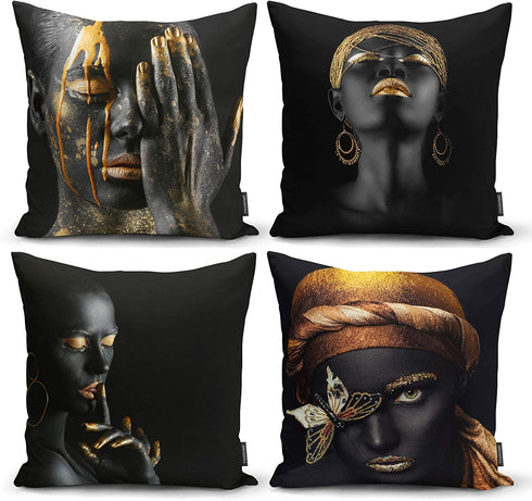 Ysahome Modern Art Theme Throw Pillow Cover - Photograph Pattern Square Cushion Cover - Woman Throw Pillow Case - African American Girl Decorative Accent Pillow, 18x18 Inches, Black (Set of 4)