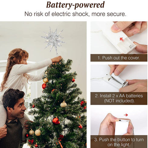 Lewondr Christmas Tree Topper, Battery Powered 3D Geometric Star Decorative LED Lights Bright Star Lighting with Springy Base for Holiday Xmas Tradition Moravian Tree Christmas Decor - Silver