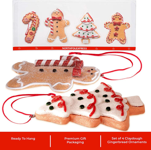 Gingerbread Christmas Ornaments - Man Boy Girl Tree Candy Cane Cookie Rustic Christmas Decorations Set of 4 - Claydough Christmas Tree Decorations - Christmas Tree Ornaments with Gift Box