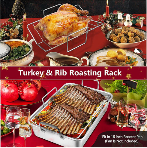 Baking Cooking Rack Set of 3, P&P CHEF Stainless Steel Roasting Cooling Rack & V-shape Grilling Rack & Chicken Holder Rack, Oven & Dishwasher Safe, Healthy & Non-toxic, Easy Cleaning & Durable
