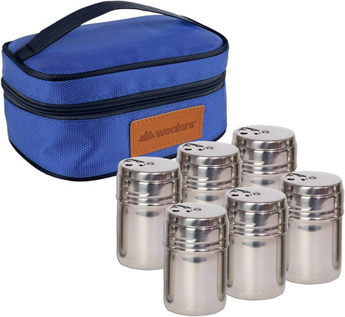 Portable Stainless Steel Spice Shaker Seasoning Dispenser - 6 Pc Set with Rotating Lids and Travel Bag| Spice Jars - Salt and Pepper Shakers - Dry Herb Spice Condiment Dispenser |Camping|Hiking|BBQ