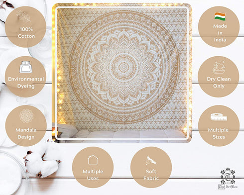 THE ART BOX Wall Tapestry for Bedroom Aesthetic Tapestry Hippie Boho Tapestry Indie Tapestry Bohemian Mandala Tapestry Cool Spiritual Trippy Tapestry Wall Hanging Gold Tapestry