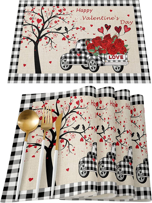 ZEREAA Valentines Day Placemats Set of 4, Plaid Hem Love Tree with Rose Truck Heat Resistant Washable Farmhouse Place Mats for Dining Table Kitchen Decor
