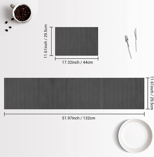 Woven Vinyl Table Runner and Placemats Set of 6 for Kitchen Dining Table Wipe Clean Washable PVC Table Runner Dark Grey (1 Table Runner and 6 Placemats)