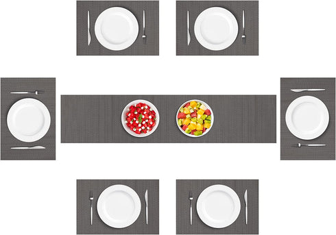 Woven Vinyl Table Runner and Placemats Set of 6 for Kitchen Dining Table Wipe Clean Washable PVC Table Runner Dark Grey (1 Table Runner and 6 Placemats)