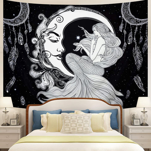 Maccyafst Moon Mermaid Tapestry Psychedelic Black and White Tapestry Bohemian Dreamcatcher Wall Tapestry Starry Night Galaxy Stars Tapestry for Bedroom Dorm Decor