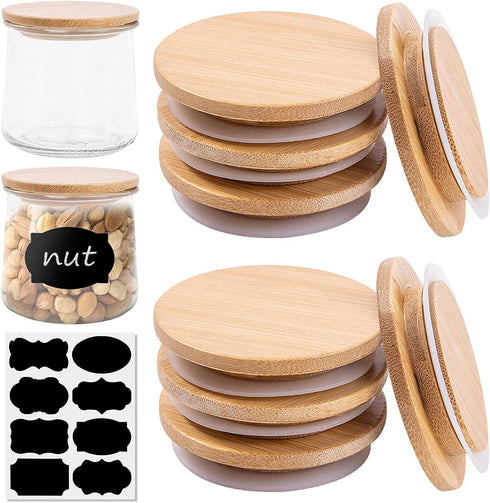 Jar Lids for Oui Yogurt Jars- 8 Pack Set Natural Bamboo Wood Oui Lids with Labels & Silicone Sealing Rings, Eco-friendly Yogurt Bottle Recycle Replacement Cap Glass Jar Canning Lids