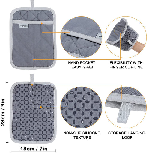 Oven Mitts and Pot Holders Set - 4pcs Long Cotton Puppet Oven Gloves & Hot Pads with Non-Slip Silicone Grip Heat Resistant 455 °F /235 °C for Kitchen Baking Cooking Grilling Machine Washable-Grey