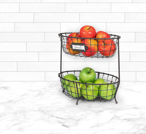 Spectrum Diversified Vintage Living Oval Server Stacked, 2-Tier Bowls, Dining Table & Kitchen Counter Organizer, Modern Fruit Basket Stand, Industrial Gray