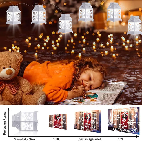 Christmas Decorations Lantern String Lights - 22.8 Feet Christmas Lights with 6 LED White Snowflake Projector, Lantern Projection Lights Waterproof for Indoor Outdoor Patio Window Holiday Show, White