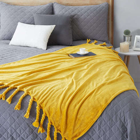 Homiest Fleece Throw Blanket with Fringe, Soft & Cozy Flannel Burnt Yellow Throw Blanket, Lightweight Decorative Throw Blanket for Sofa Bed Chair All Season (Mustard Yellow, 50 x 60 Inch)