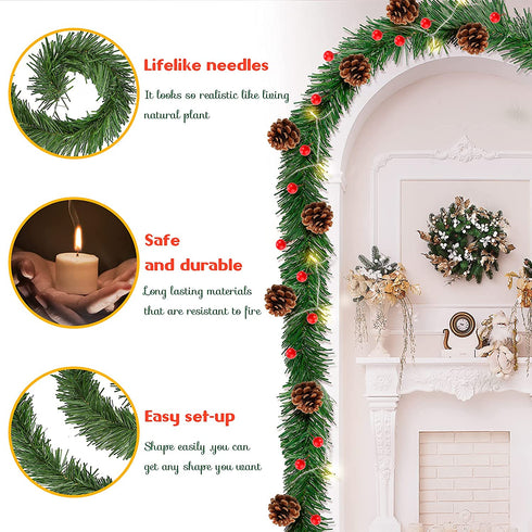 Auihiay 54 Feet Christmas Garland Artificial Christmas Garland with 30 Red Berries and 9 Pine Cones for Christmas Home Holiday Party Outdoor Indoor Decorations