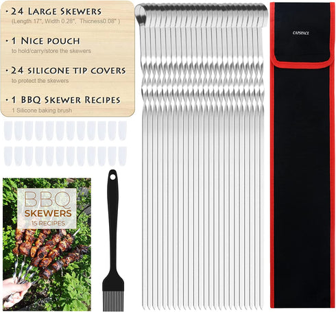 Metal Skewers For Kabobs - 17 inch BBQ Skewers For Grilling, 24 Pack Shish Kabob Skewers, Flat Stainless Steel Barbecue Skewers Grill Stick Set for Grilling Meat, Chicken, Shrimp, Fruit, Vegetables