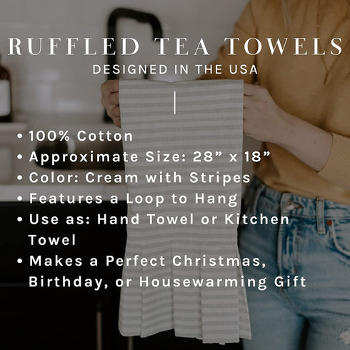 Sweet Water Decor Striped Tea Towel with Ruffle | Large Size 28 x 18 inches | Cream with Grey Decorative Stripes | Bathroom, Kitchen, Dish, or Baby Towel (Grey)