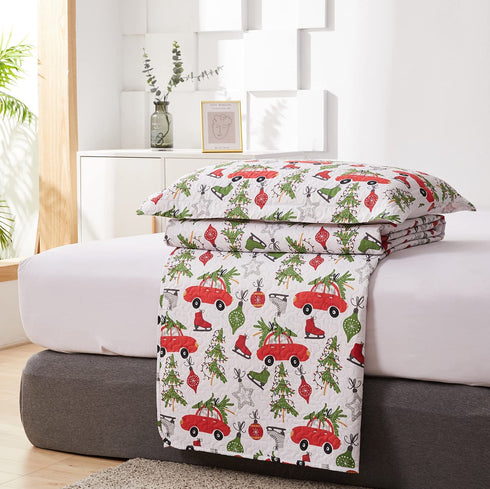 Kids Quilts Set King Size, Boy Tree Bedding Lightweight Reversible Red Bus Cartoon Bedspread Coverlet Gift Teens Child Holiday Decor (Red White, King)