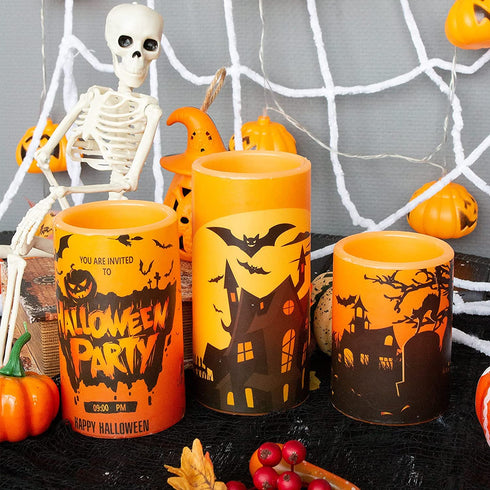 YUROZAC Halloween Flameless Candles with Timer, Flickering Battery Operated Real Wax LED Pillar Candles for Halloween Decoration Set of 3 (D3"xH 4"5"6"), Castle Cat Pumpkin Decals