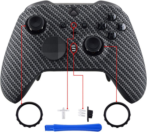 eXtremeRate Black Silver Carbon Fiber Faceplate Cover, Soft Touch Front Housing Shell Case Replacement Kit for Xbox One Elite Series 2, Xbox Elite 2 Core Controller Model 1797 - Accent Rings Included