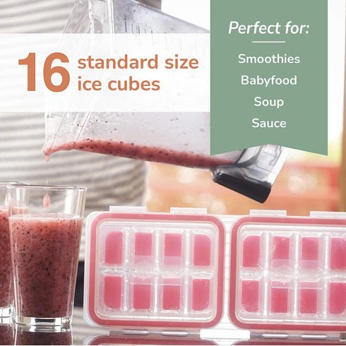 Ice Topper Plus Ice Cube Tray with 2 Attached Lids - Easy Release Ice Cube Molds, 16 Cubes per Tray, Stackable & Dishwasher Safe, 100% Food Grade Silicone, BPA Free & Recyclable