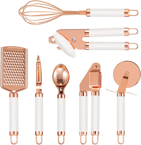 7 pieces Kitchen Gadget Set Copper Coated Stainless Steel Utensils, kitchen gadgets,utensil sets,Non-stic - Best Kitchen Cookware with Soft Touch White Handles (White)
