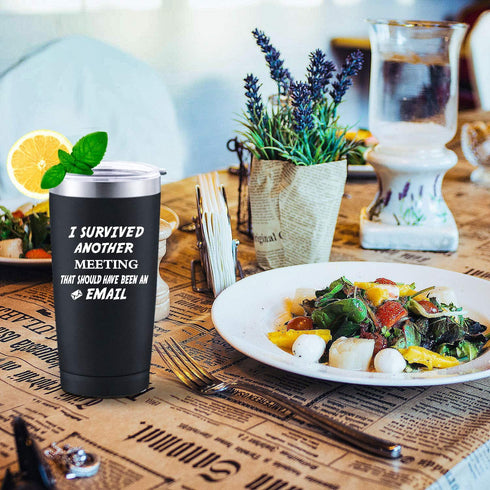 I Survived Another Meeting That Should Have Been An Email Travel Tumbler, 20 Oz Insulated Stainless Steel Tumbler with Lid, Christmas Birthday Gift for Boss College Friend, Black
