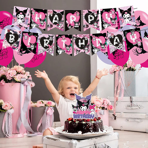 Kuromi Party Decorations,Birthday Party Supplies For Kuromi Party Supplies Includes Banner - Cake Topper - 12 Cupcake Toppers - 18 Balloons - 50 Kuromi Stickers