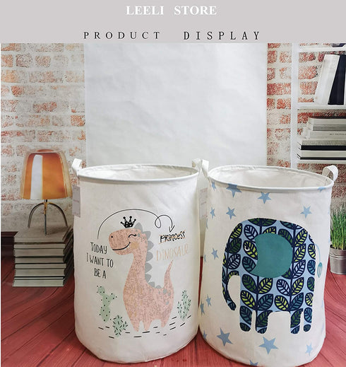 LEELI Laundry Hamper with Handles Collapsible Canvas Laundry Basket,Waterproof Storage Basket Home Organizer for Nursery,Clothes,Toys,Baby Hamper19.7—15.7(pink dinosaur)