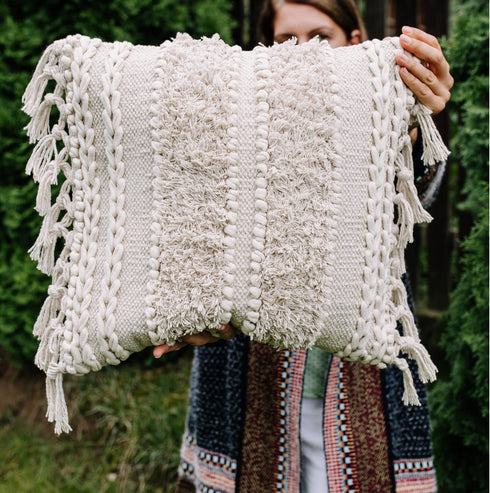 Decorative Boho Pillow Cover, 18x18, Soft Moroccan Rustic Throw with Tufted Accents, Plush Handwoven Cotton, Neutral Farmhouse Home Decor | Made with Love and Care in India