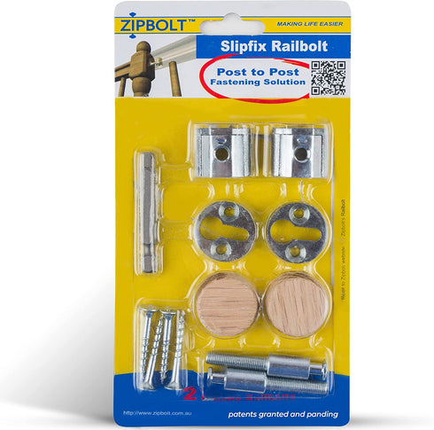 Zipbolt Handrail to Newel Post Connector — 13.810 Slipfix Railbolt, Staircase Post Fastener with 5mm Hex and Wood Plugs, Durable, Easy Installation for Residential & Commercial Use — 1 Double Pack