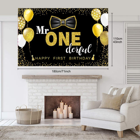 Boys 1st Birthday Mr. Onederful Party Decoration Photography Backdrop Boy Toddler Little Man First Birthday Cake Table Decor Banner(Black)