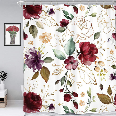 Homewelle Burgundy Floral Shower Curtain Botanical Rustic Flower 60Wx72L Inch Cute Vintage Wildflower Elegant Herbs Retro Spring Plant Nature Aesthetic Classic Polyester Fabric Bathroom Bathtub