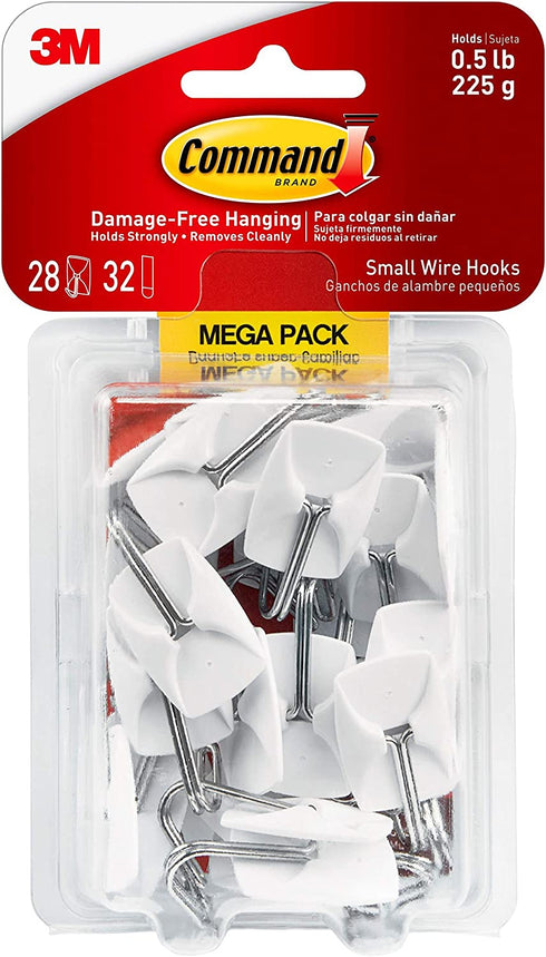 Command Small Wire Hooks Mega Pack, White, 28-Hooks, 32-Strips, Organize Damage-Free