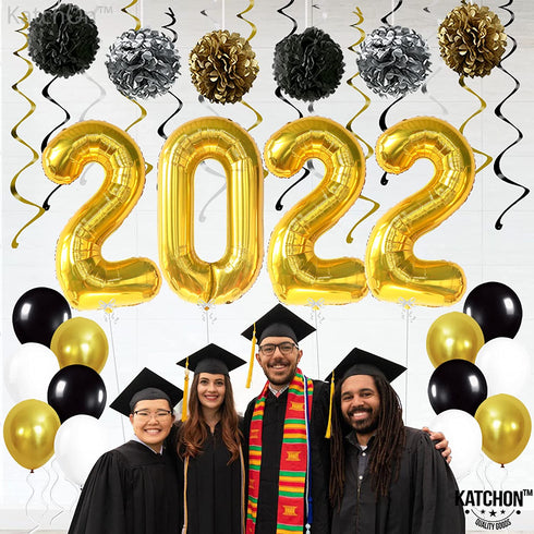Gold 2022 Balloons Numbers Set - 40 Inch, Pompoms and Hanging Swirls | Black and Gold Graduation Decorations 2022 | Graduation Party Decorations 2022 | Class of 2022 Decorations, Graduation Balloons