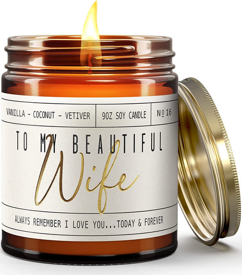 Anniversary ' Gift for Her, Gifts for Anniversary for Wife - "to My Beautiful Wife" Soy Candle, w/ Vanilla, Coconut & Vetiver I 9oz Glass Jar, 50Hr Burn, Made in USA