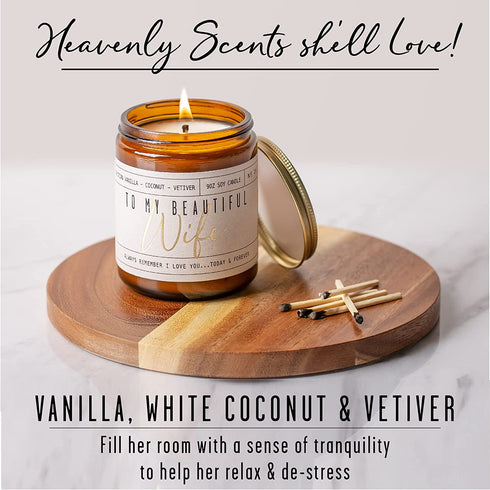 Anniversary ' Gift for Her, Gifts for Anniversary for Wife - "to My Beautiful Wife" Soy Candle, w/ Vanilla, Coconut & Vetiver I 9oz Glass Jar, 50Hr Burn, Made in USA
