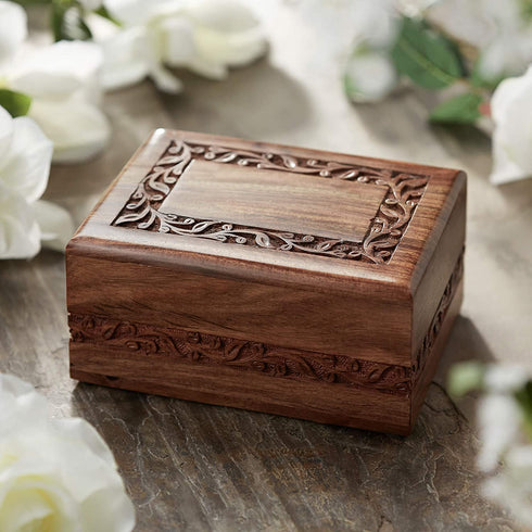Reminded Rosewood Hand-Carved Floral Urn Box - Cremation Memorial with Velvet Bag - Medium