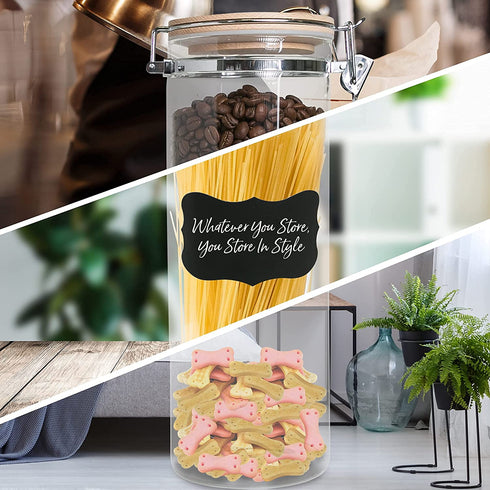 Moving Mountains Products Decorative Glass Container with Lid - Multipurpose Borosilicate Glass Pasta Container, 68 Ounce Capacity - Modern Unfinished Beech Wood Lid - with Chalkboard Labels and Pen