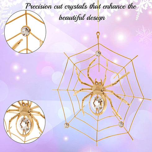 24K Gold Plated Crystal Studded Spider on Web Hanging Ornaments for Christmas Tree, Christmas Spider Miracle Traditions, Decor - The Tradition of Tinsel Legend Spider on Web Ornament