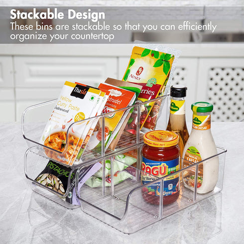 YIHONG 2 Pack Food Packet Organizer Bins, Plastic Clear Pantry Bins for Holding Seasoning Packets, Spice Packets, Pouches, Snacks in Kitchen, Cabinets or Countertop, with 2 Removable Dividers
