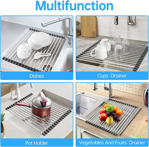 AOUAO Roll Up Dish Drying Rack,Multipurpose Square Stainless Steel Over The Sink Drainer Rack,Kitchen Portable Dish Rack ( Gray, 17.5" x 15")