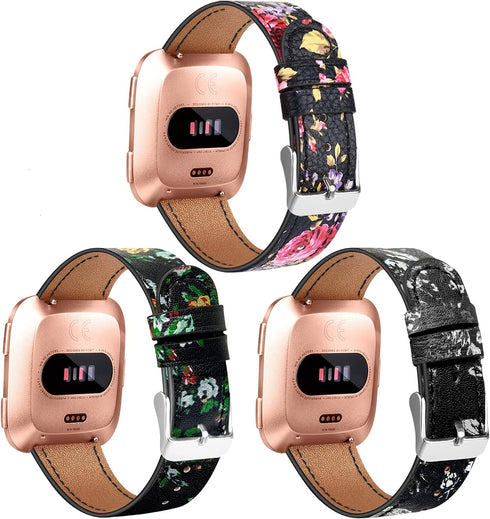 POHNUI 3 Pack Leather Bands Compatible with Fitbit Versa 2/Versa/Versa Lite/Versa SE for Women Men, Adjustable Soft Leather Replacement Strap Wristband for Fitbit Versa Smart Watch