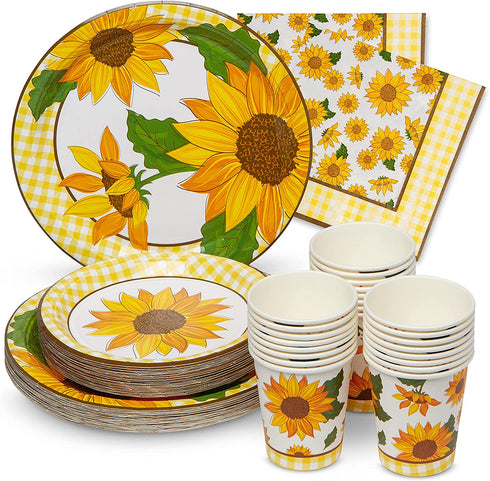 Royal Magnolia Sunflower Party Supplies -Service for 24- Sunflower Paper Plates (7 and 9 Inch), Paper Napkins and Party Cups - Disposable Sunflower Theme Party Dinnerware Set for Sunflower Birthday
