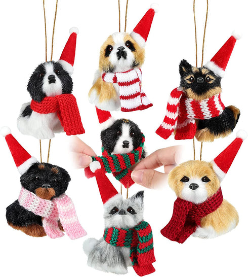 6 Pieces Christmas Dog Ornament with 6 Scarfs Santa Hats Funny Cute Doggy Hanging Decorations Lanyard Artificial Fur Decorative Furry Pet Pendant for Xmas Tree Decor Home Present Party DIY