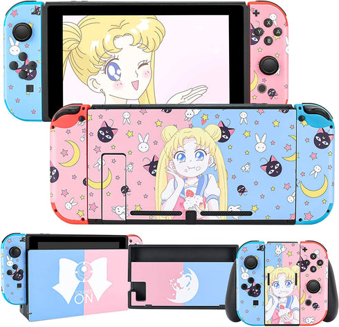 DLseego Switch Skin Sticker Pretty Pattern Full Wrap Skin Protective Film Sticker Compatible with Switch-Blue and Pink Sailor Moon