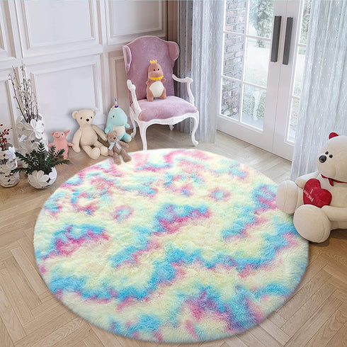 ST. BRIDGE Soft Round Rainbow Rug for Girls Room, Fluffy Circle Rug for Kids Room Decor, Indoor Modern Anti-Skid Fuzzy Nursery Mats, Shaggy Fur Area Rugs for Living Room Bedroom Plush Carpet, 3 Feet