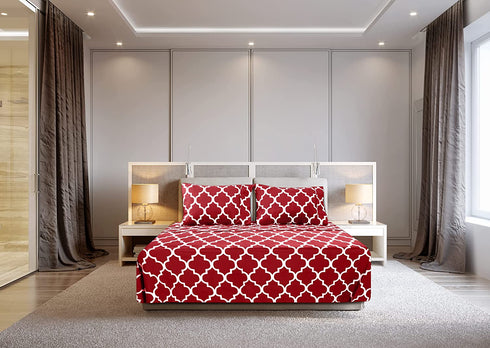 Utopia Bedding Printed Queen Sheet Set - 1 Fitted Sheet, 1 Flat Sheet and 2 Pillowcases - Soft Brushed Microfiber Fabric - Shrinkage and Fade Resistant (Queen, Burgundy Quatrefoil with White Pattern)