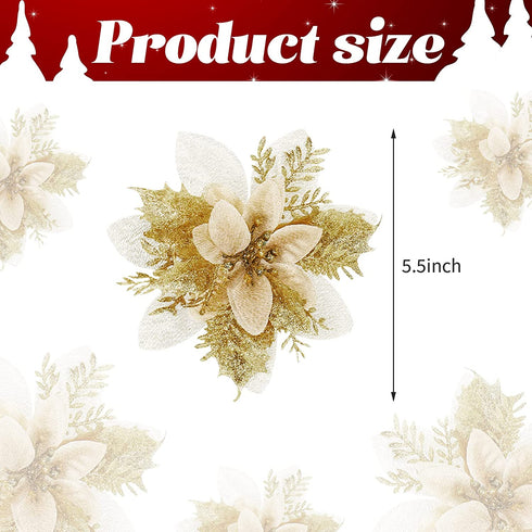 24 Pieces Christmas Glitter Poinsettia Flowers 5.5 Inch Artificial Christmas Flowers Xmas Artificial Glitter Flowers for Christmas Tree Ornament Party Decorations Wreath Garlands (Gold)