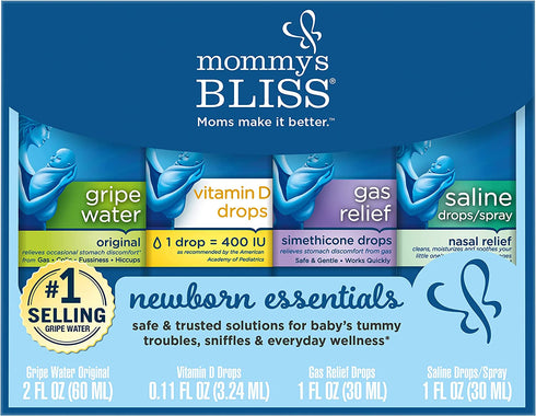 Mommy's Bliss Newborn Essentials Gift Set, Includes Gripe Water, Baby Vitamin D Drops, Baby Gas Drops, and Gentle Saline Drops/Spray