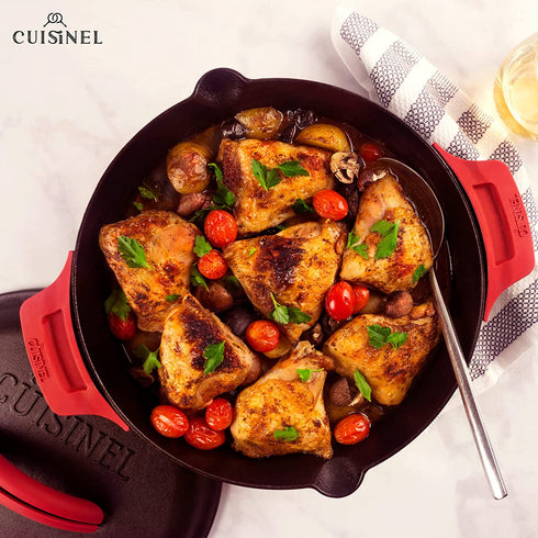 Cast Iron Skillet - 12"-Inch Dual Handle Frying Pan + Silicone Handle Holder Covers + Pan Scraper - Pre-Seasoned Oven, Grill, Fire, BBQ, Stovetop, Induction Safe Kitchen Cookware - Indoor/Outdoor Use
