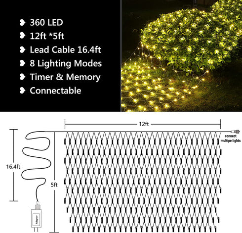 LED Net Lights Outdoor, 12ft x 5ft 360 LED Indoor Fairy Mesh Lights, 8 Modes Clear Wire Connectable Bush Netting Lights for Trees, Bushes, Wedding, Garden, Mall Hotel Decorations (Warm White)